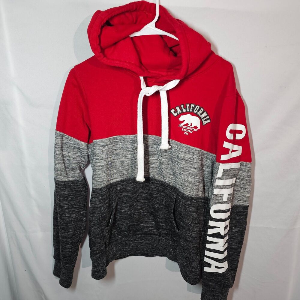 Reflex California Republic Colorblock Hoodie Sweatshirt Red Grey Fleece Mens L